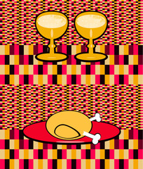 retro banner glass with champagne and baked turkey