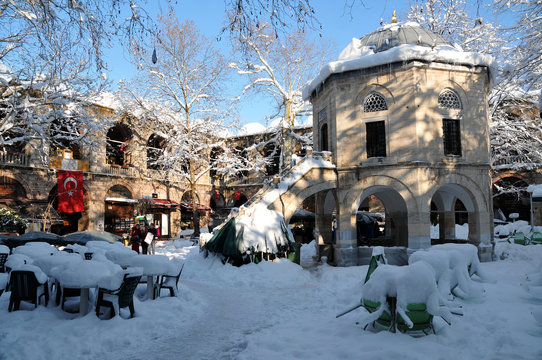 historic kozahan bazaar covered with snow