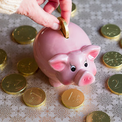Female hand with gold chocolate coin and piggy bank