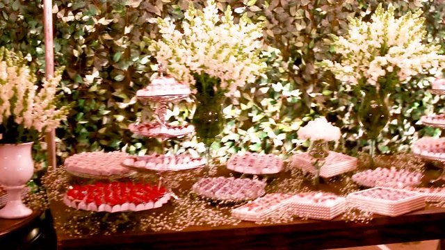 Delicious sweet buffet on a beautiful decorated table at wedding party. Panoramic plane shift