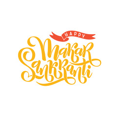 Vector illustration of hand drawn lettering text inscription Happy Makar Sankranti isolated. Indian Festival of kites.