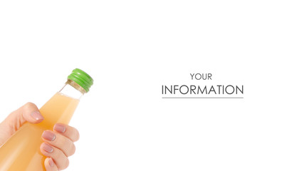 Glass bottle of juice in a hand pattern on a white background isolation