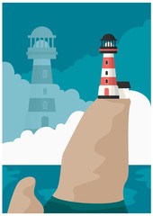 lighthouse on a high stone in the sky clouds flat illustration of a romance mirage clouds