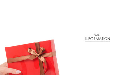 Gift box with ribbon female hand pattern on white background isolation