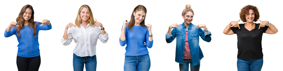 Collage of group of beautiful women over white isolated background looking confident with smile on face, pointing oneself with fingers proud and happy.
