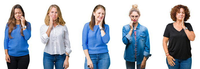 Collage of group of beautiful women over white isolated background touching mouth with hand with painful expression because of toothache or dental illness on teeth. Dentist concept.