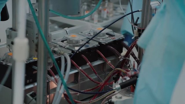 Close-up shot of a working heart-lung machine during operation in a hospital. Piece of a professional medical equipment.