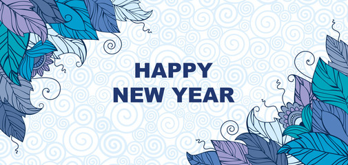 Happy New Year. New Year greeting card or invitation. Frosty leaves on a soft blue background. Vector patters.