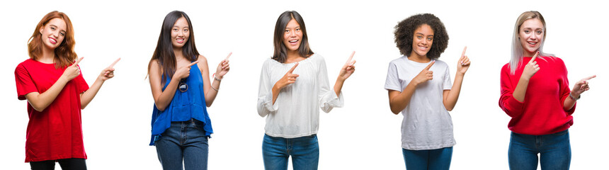 Collage of group of beautiful Chinese, asian, african american, caucasian women over isolated background smiling and looking at the camera pointing with two hands and fingers to the side.