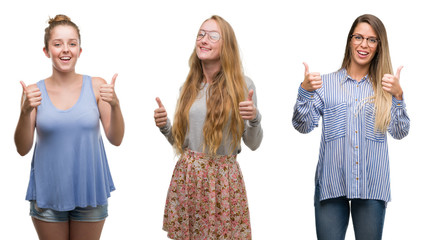 Collage of group of blonde women over isolated background success sign doing positive gesture with hand, thumbs up smiling and happy. Looking at the camera with cheerful expression, winner gesture.