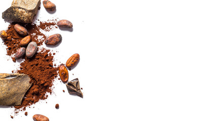 Pieces of chocolate and cocoa beans on a white background.