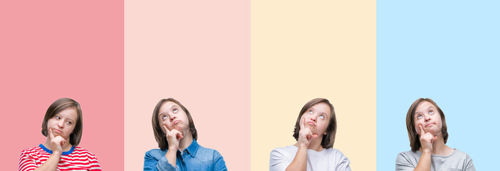 Collage of down syndrome woman over colorful stripes isolated background with hand on chin thinking...