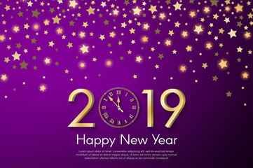 Golden New Year 2019 concept on purple blurry starfall background. Vector greeting card illustration with golden numbers and vintage clock