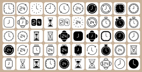 Clock line icons isolated on beige background. Black and white simple watches pack. Time concept. Vector illustration