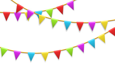 Obraz premium Colored garland flags isolated on white. Carnival, birthday, celebration, party, new year or festival concept. Vector illustration