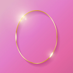 Gold shiny glowing vintage frame with shadows on fahion pink background. Golden luxury realistic border. Wedding, mothers or Valentines day concept. Vector illustration