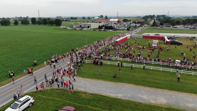 Runners waiting at starting area for 5k annual road race, Bird-In-Hand Amish Country. Aerial View.