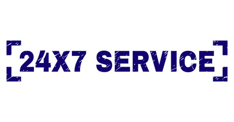 24X7 SERVICE label seal print with grunge texture. Text label is placed between corners. Blue vector rubber print of 24X7 SERVICE with grunge texture.