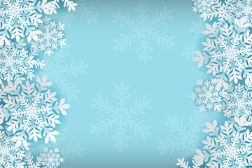Christmas greeting card with paper snowflakes on blue background.