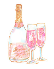 Pink champagne bottle and two flute crystal glasses painted in watercolor on clean white background