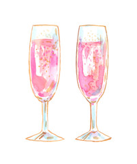 Two flute glasses with pink champagne painted in watercolor on clean white background