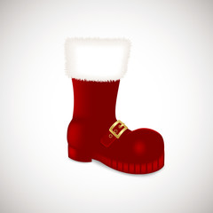 A single Santa Claus Christmas red high boots Realistic vector illustration icon isolated on white background.