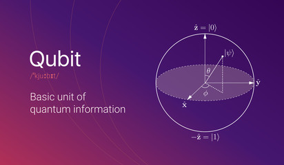 Quantum bit visual concept. Visialization of qubit on colorful gradient background. Vector illustration