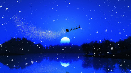 Obraz na płótnie Canvas 3D tree landscape against a night sky with santa and his reindeers