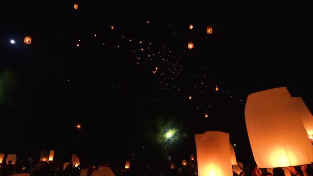     Floating lamp in yee peng festival on loy krathong day, Firework Festival in Chiangmai, Thailand 