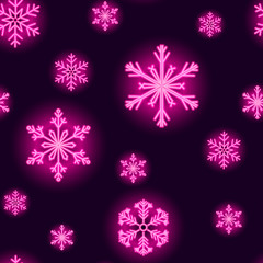 Neon snowflakes seamless pattern on dark purple background. Vector 10 EPS illustration.