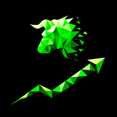 Silhouette of bulls head and growing graf in low poly style. Bullish market trend concept. Vector 10 eps illustration. Isolated on black background.