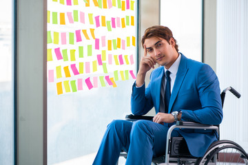 Young handsome man in wheelchair with many conflicting prioritie