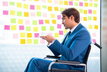 Young handsome man in wheelchair with many conflicting prioritie