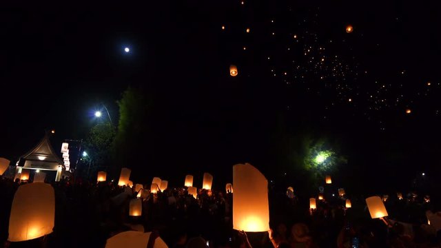 Floating lamp in yee peng festival on loy krathong day, Firework Festival in Chiangmai, Thailand