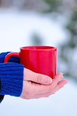 The red mug in hands on a winter background