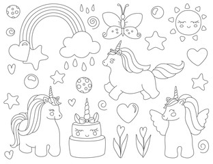 Unicorn with rainbow, stars, sun, flowers and cake. Vector artwork. Black and white. Coloring book pages for adults and kids. For print