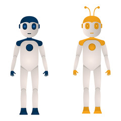 Two robots of blue and yellow color in a flat style vector illustration on a white background.