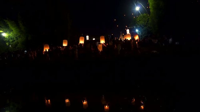 Floating lamp in yee peng festival on loy krathong day, Firework Festival in Chiangmai, Thailand