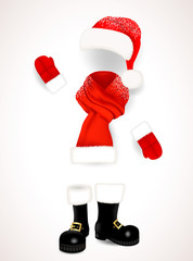 Set of realistic red Santa Claus clothing, hat with fluffy fur pompon, scarf with snow, mittens and black boots isolated on white background. Vector illustration