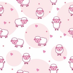Seamless pink background with sheep cartoon pattern 