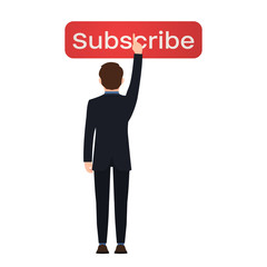 A man in a suit presses the red button to subscribe vector illustration on a white background. Arrange to receive something regularly