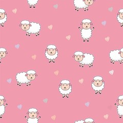 Seamless pink background with sheep cartoon pattern 