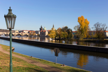 Colorful autumn Prague Old Town above River Vltava, Czech Republic