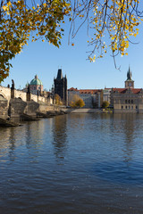 Obraz premium Colorful autumn Prague Old Town above River Vltava, Czech Republic