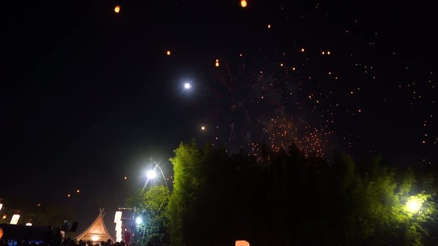 Floating lamp in yee peng festival on loy krathong day, Firework Festival in Chiangmai, Thailand