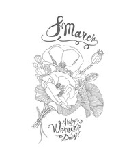 8 march. Happy Woman Day. Card with linear poppy flowers