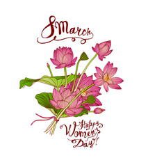 8 march. Happy Women Day. Card with pink lotus flowers