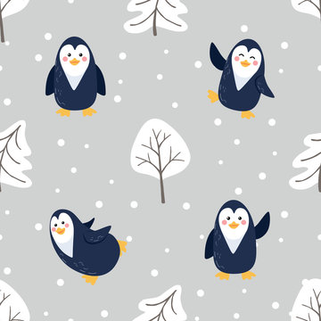 Merry Christmas New Year seamless pattern with cute cartoon penguins pine tree and snow. Vector flat illustration.