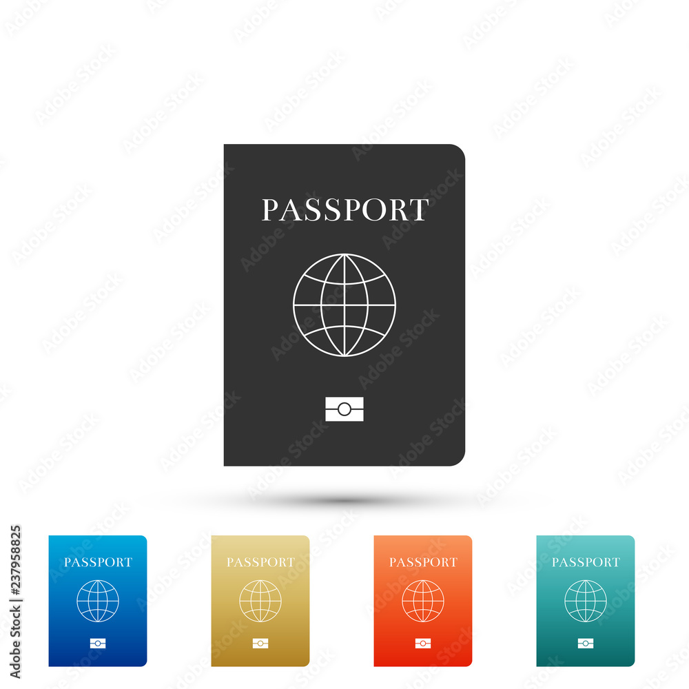 Poster passport with biometric data icon isolated on white background. identification document. set element