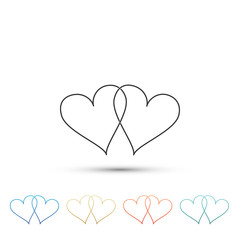 Two Linked Hearts icon isolated on white background. Heart two love sign. Romantic symbol linked, join, passion and wedding. Valentine day symbol. Set in colored icon. Flat design. Vector Illustration